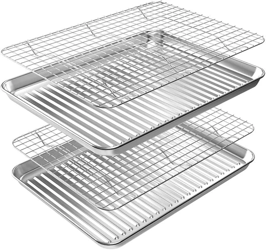 ROTTAY Baking Sheet with Rack Set (2 Pans + 2 Racks), Stainless Steel Cookie Sheet with Cooling Rack, Nonstick Baking Pan, Warp Resistant & Heavy Duty & Rust Free, Size 16 x 12 x 1 Inches