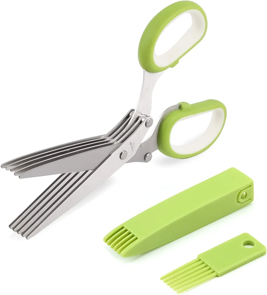 Herb scissors, Multipurpose Cutting Shears with 5 Blade Kitchen Salad Scissors, Safety Cover and Cleaning Comb for Chopping Cilantro Onion Basil Chive Parsley, Green