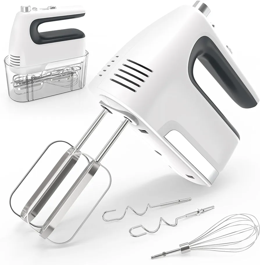 CBQ Hand Mixer Electric, 5-Speed 400W Powerful Motor, Hand Mixer Electric Handheld with Storage Case, Turbo Boost and 5x Accessories, Flat Beaters, Dough Hooks, Whisk (White)