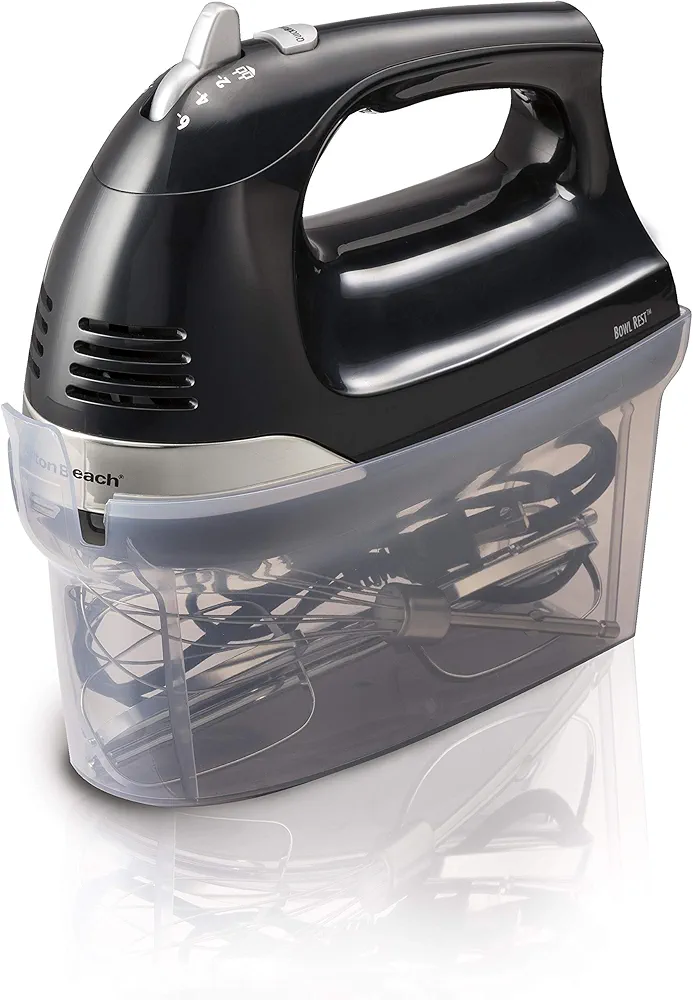 Hamilton Beach 6-Speed Electric Hand Mixer with Snap-On Storage Case, QuickBurst, Beaters, Whisk and Bowl Rest , Black