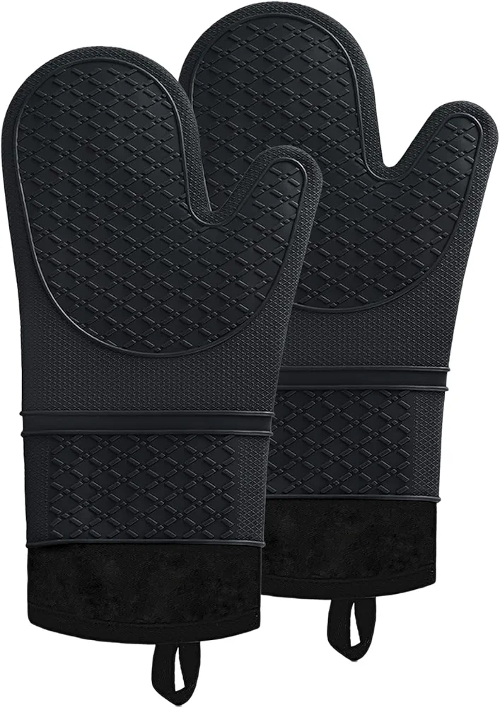 Silicone Oven Mitts, 2PACK Oven Mitts Heat Resistant 500F, Oven Gloves with Non-Slip Textured Grip Waterproof, Perfect for BBQ, Baking and Cooking, 13.3 in, Black