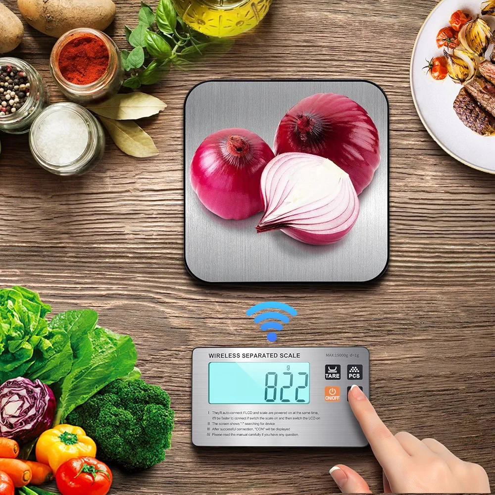 Wireless Separated Food Scale, 33 lb Digital Kitchen Scales Weight Grams and Ounces for Baking Cooking and Meal Prep, LCD Display, 7 Units with Tare Function (Batteries Included)