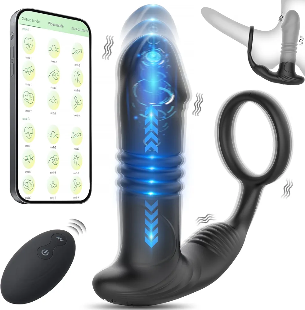 Thrusting Anal Butt Plug Vibrator with Cock Ring, Male Prostate Massager G Spot Dildo Stimulator with 9 Speeds, APP & Remote Control Anal Sex Toys for Men Women Couples Black