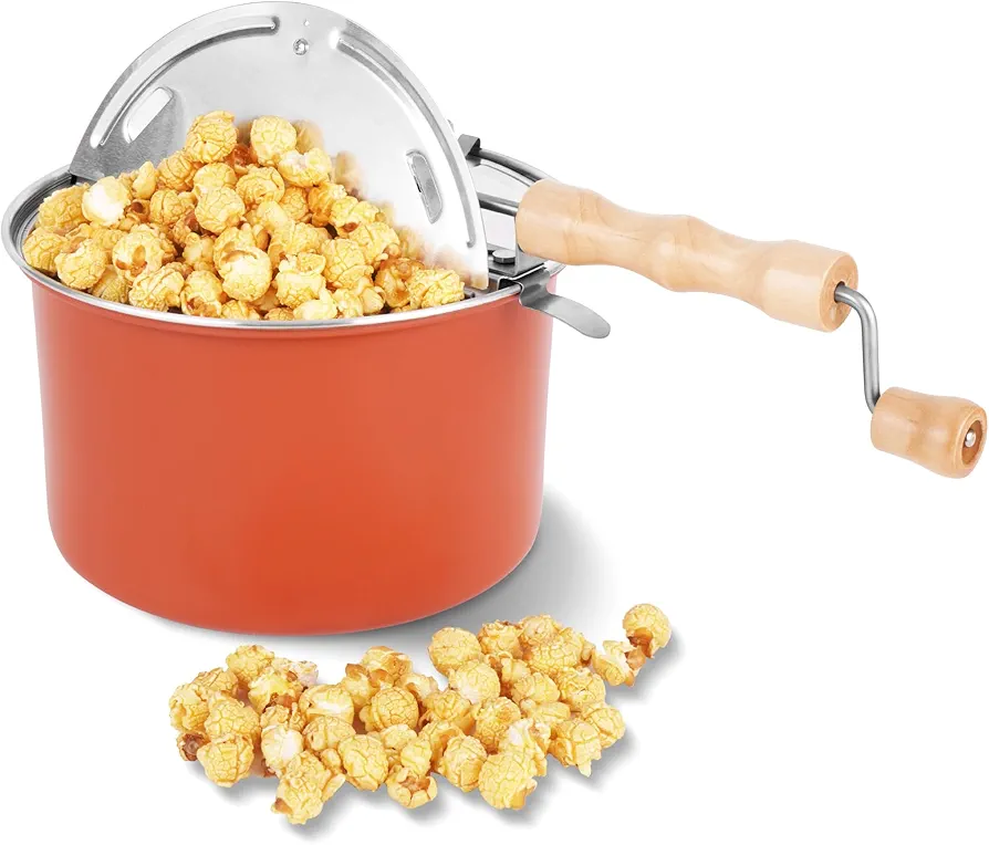 Original Spinner Popcorn Popper 6 Quart, Spinner Stovetop Popper & Aluminum Stove-Top Popcorn Popper Orange