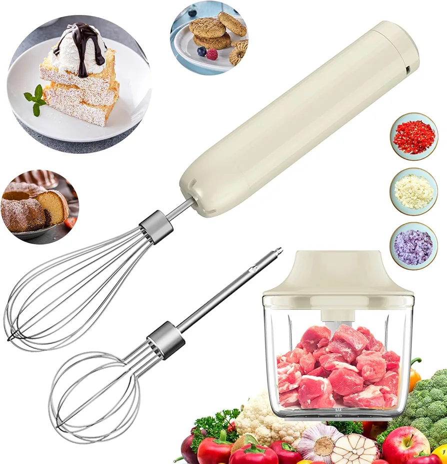 Electric Hand Mixer with Whisk, Handheld Electric Whisk, Hand Blender Set for Mini Food Processor, Rechargeable Cordless Handheld Mixer, Small Food Chopper for Dicing, Mincing, and Puree, 4-Speed,10Oz