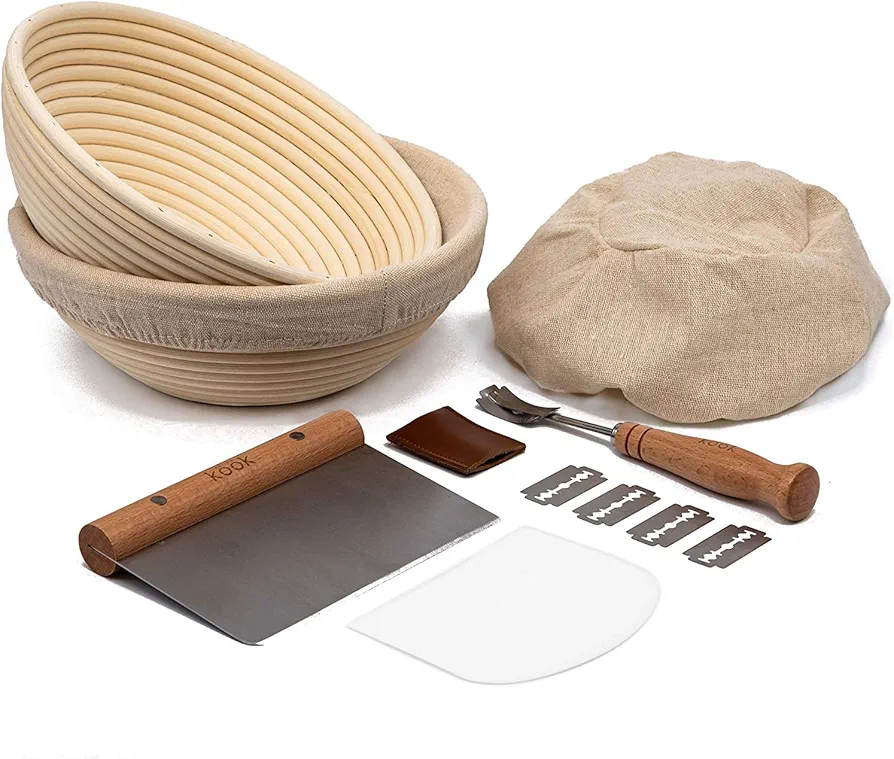 Kook Proofing Set, Sourdough Bread, 2 Rattan 9 Inch Banneton Baskets, 2 Basket Covers, Metal Scraper, Plastic Scraper, Scoring Lame, 5 Blades and Case, Baking Kit, Dough Bowls, Round Shape