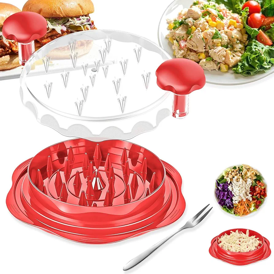 Chicken Shredder, PEOUWNES Large Chicken Breast Shredder Tool Twist with Fork, Visible Meat Shredder Machine, Ergonomic Handle, Anti-Slip Strip, Suitable for Chicken Beef Pork(Red)