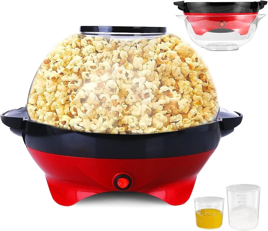 TLGREEN 6 Quart Popcorn Machine - 24 Cups, Stir Crazy Popcorn Popper Machine, Electric Hot Oil Popcorn Maker Machine, with Nonstick Plate & Stirring Rod, Large Lid as Serving Bowl and 2 Measuring Cups