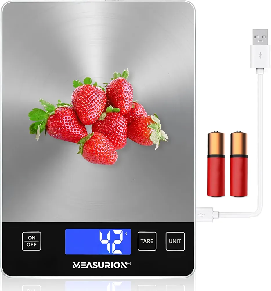 33lb Digital Kitchen Scale, Food Scale, Precisely Measures Grams and Ounces for Baking and Cooking, Meal Prep, Waterproof Tempered Glass, Coffee Scale, Battery & Charging Cable Included