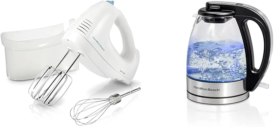 Hamilton Beach 6-Speed 250W Electric Hand Mixer Bundle with 1 Liter 1500W Glass Electric Tea Kettle