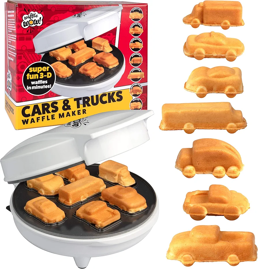 Car Mini Waffle Maker- Make 7 Fun Different Race Cars, Trucks & Automobile Vehicle Shaped Pancakes for Kids, Adults- Electric Waffler Iron, NonStick Pan Cake Baker- Xmas Gift or New Treat for Santa