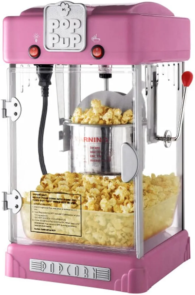 Pop Pup Popcorn Machine - 2.5oz Tabletop Movie Theater Popcorn Popper with Stainless-Steel Kettle and Serving Tray by Great Northern Popcorn (Pink)