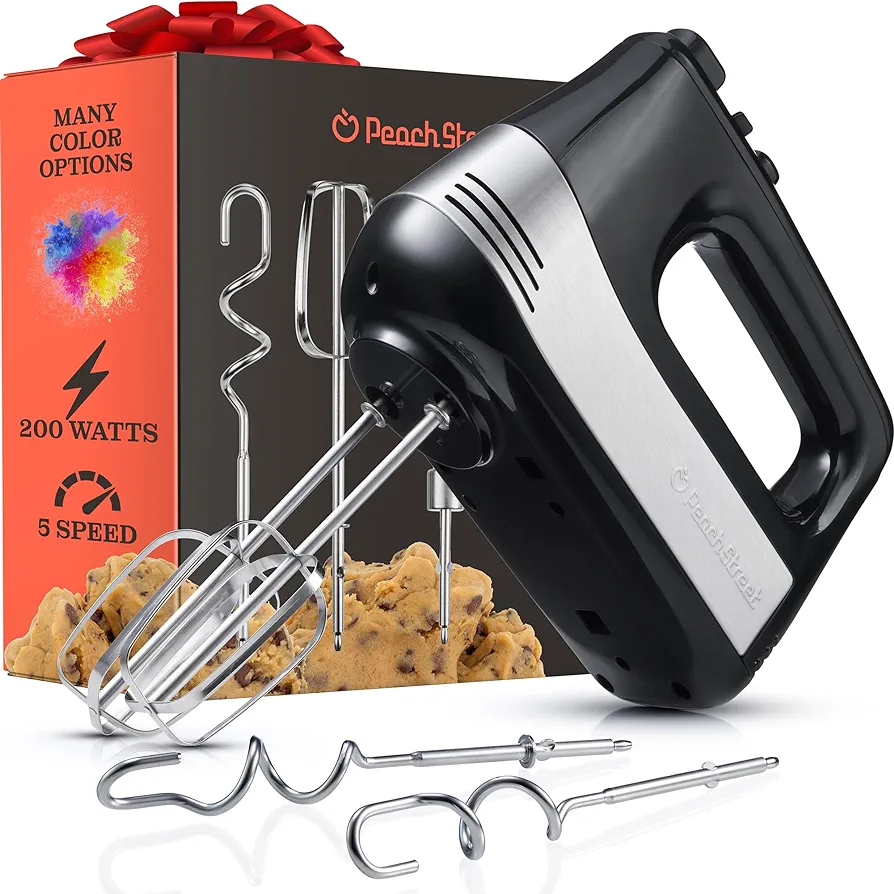 Powerful Electric Kitchen Hand Mixer, 200 Watts, 5 Speed Food Handheld Mixer, with Turbo Button, Dough, Whisk and Beater Attachments, and Accessory Bin, for Dough, Eggs, Batter,