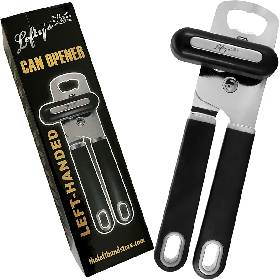 Lefty’s Left Handed Can Opener - Premium Design Black Heavy duty Stainless Steel - Easy To Turn Sharp Blade - Smooth Edge - Great Gift for Left-Handed People, Adults, Men and Women