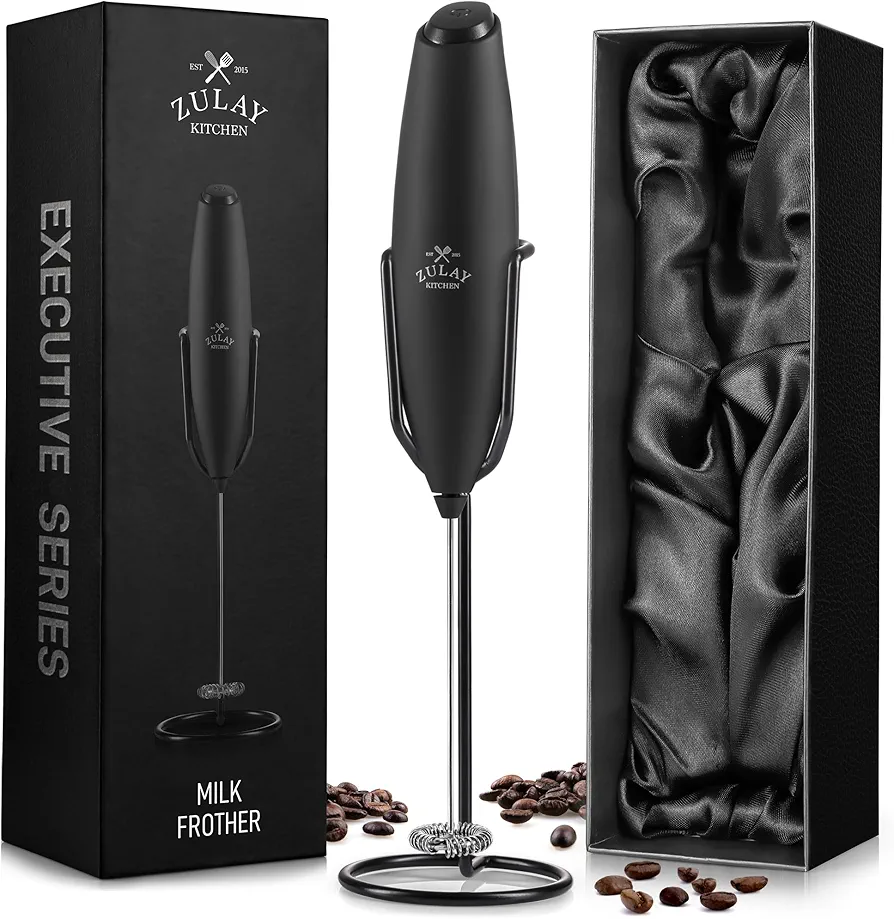 Zulay Kitchen Executive Series Milk Frother Wand - Upgraded & Improved Stand - Ideal Coffee Gift - Coffee Frother Handheld Foam Maker For Lattes - Electric Milk Frother Handheld For Cappuccino