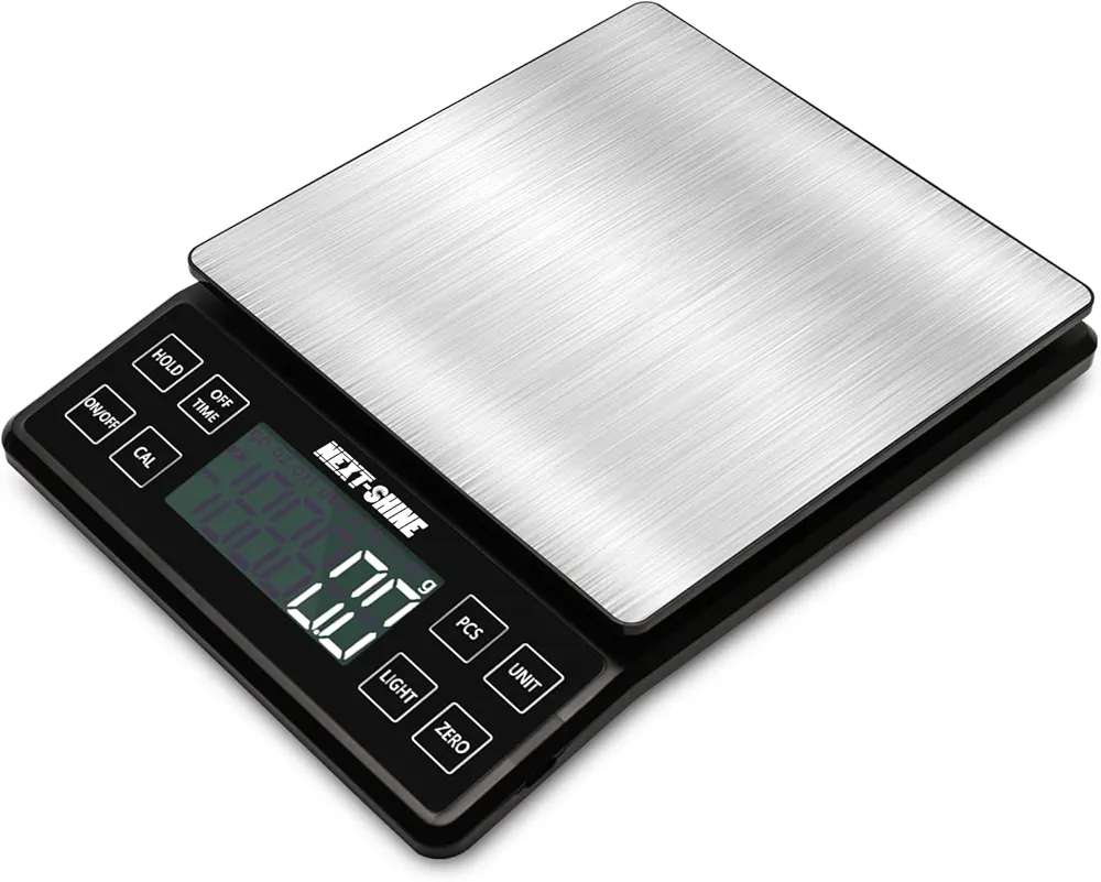 NEXT-SHINE Food Kitchen Scale Rechargeable, 5kg/11lb Digital Large Scale with LCD Backlit Display and Protective Tray, Accuracy 0.1g for Baking Cooking Meal Prep, 304 Stainless Steel Weighing Platform