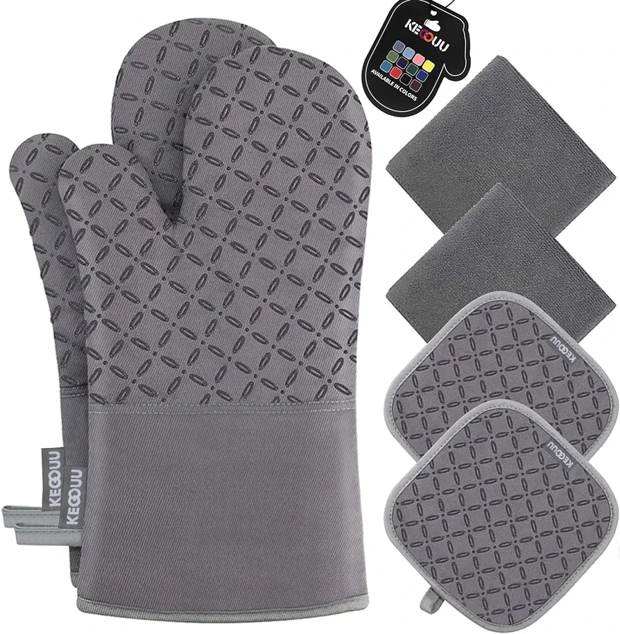 KEGOUU Oven Mitts and Pot Holders 6pcs Set, Kitchen Oven Glove High Heat Resistant 500 Degree Extra Long Oven Mitts and Potholder with Non-Slip Silicone Surface for Cooking (Grey)