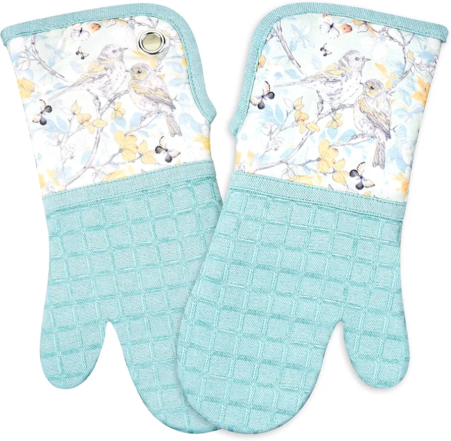 Silicone Printing Oven Mitts Heat Resistant to 500 Degree,Yarm-Dyed Oven Gloves with Animal Design Non-Slip for Kitchen Cooking Barbecue Baking and Machine Washable. (Light Blue Mitts)