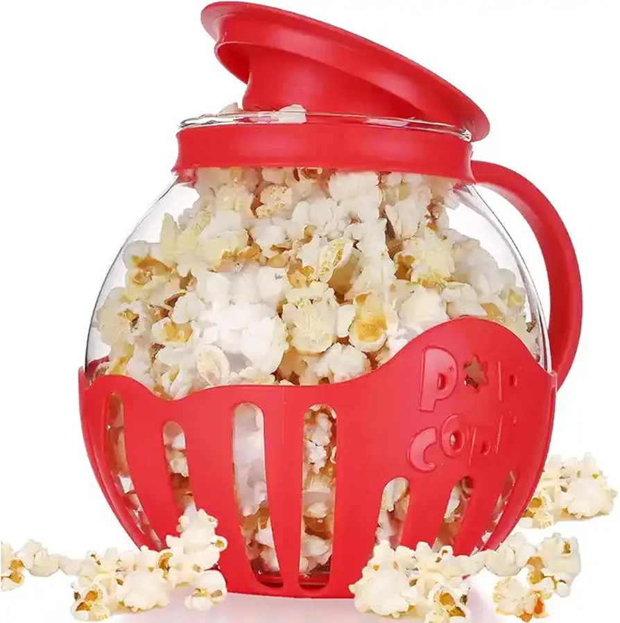 Glass Microwave Popcorn Popper, 2.3QT 3-in-1 Popcorn Jar with Silicone Lid, Without BPA, Microwave&Dishwasher Safe - Red