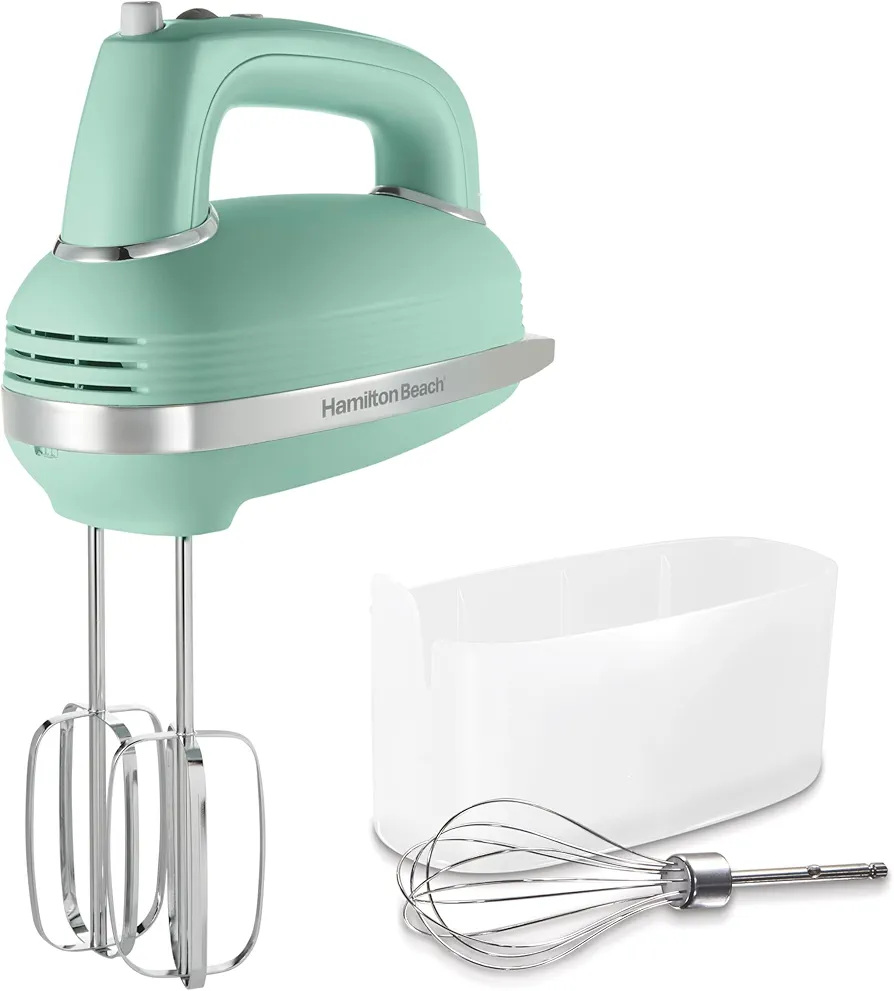 Hamilton Beach Vintage-Style 5-Speed Electric Hand Mixer, Powerful 1.3 Amp DC Motor for Effortless Mixing & Consistent Speed in Thick Ingredients, Slow Start, Beaters and Whisk, Green (62601N)