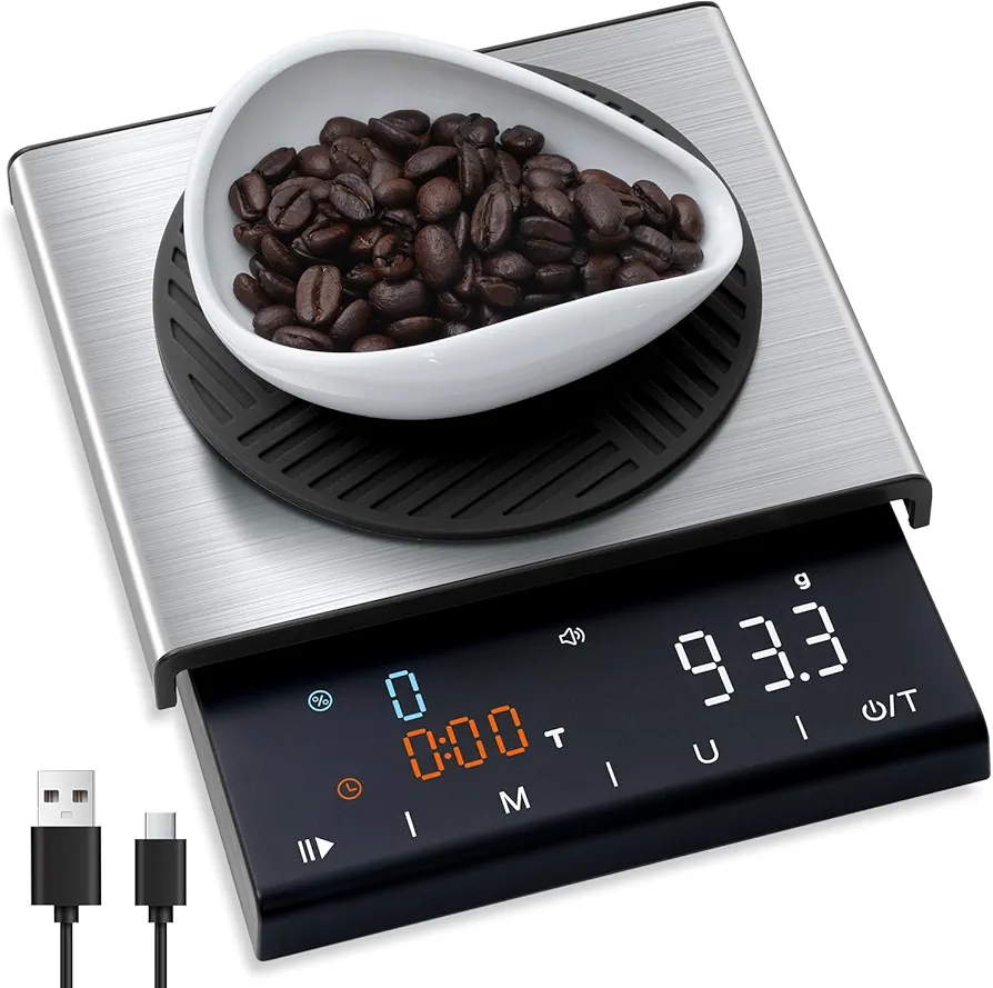 Coffee Scale with Timer, 0.1g High Precision Espresso Scale, Multifunctional Kitchen Food Scale for Baking with Color LED Display, Touch Sensor, Silicone Cover, Rechargeable-3kg/6.6lb