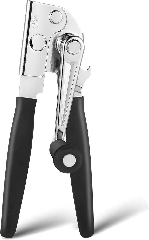 1 Pack Commercial Can Opener Manual Heavy Duty, Stainless Steel Handheld Can Opener with Folding Easy Crank Handle, Smooth Edge, Black Swing Grips, for #10 Bulk Cans and All Size Cans, Large Cans