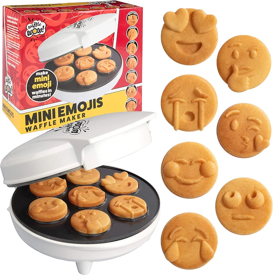 Waffle Wow! Mini Emojis Waffle Maker for Special Breakfast- 7 Unique Smiley Face Waffles Pancakes- Electric Non-Stick Iron Feat.Kiss Face, Heart Eyes & Smile, Gift for Kids- Licensed by Emoji