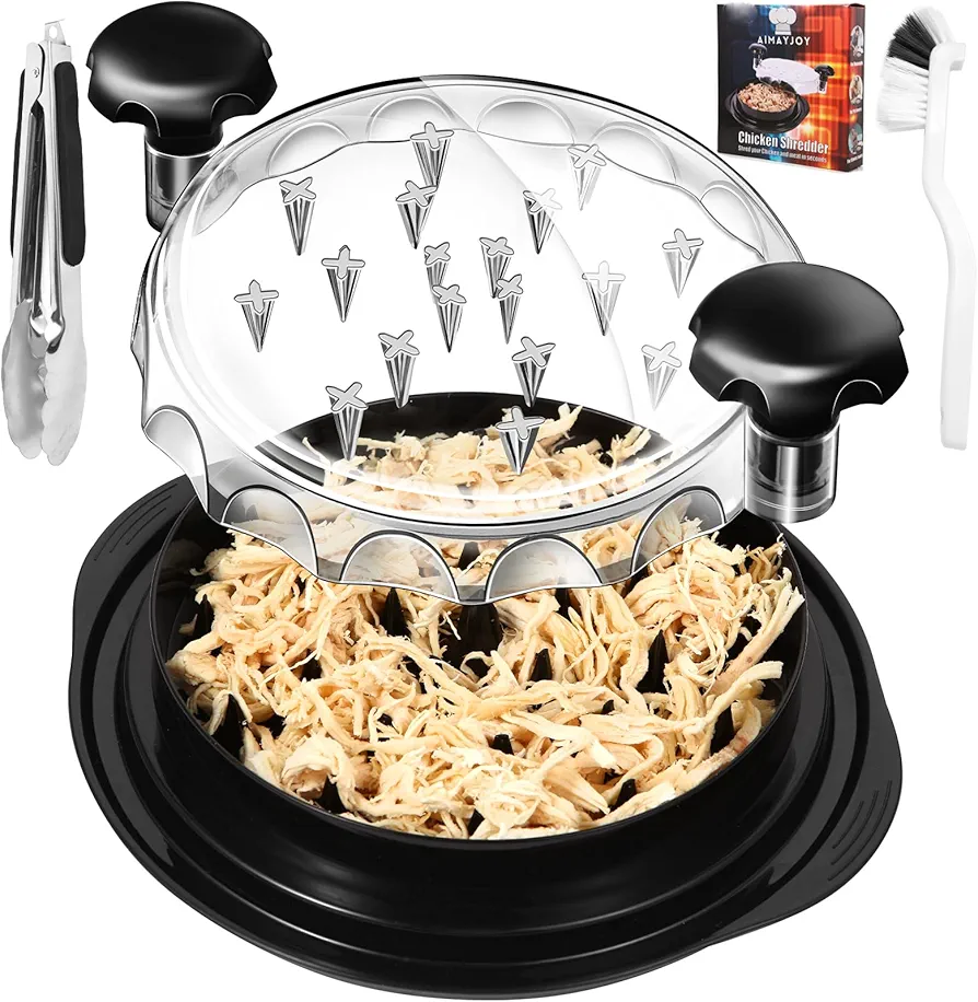 Chicken Shredder 10.8" Transparent Lid Chicken Breast Shredder Tool Twist Chicken meat Shredder Machine with 9" Food Tong and Brush Non-Skid Ergonomic Handle for Pulled Pork,Beef BPA free (Black)