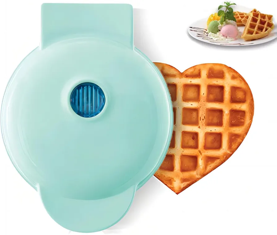 Mini Maker Waffle Maker 5“ Non-Stick Waffler Iron Stuffler Stuffed Wafflera Adjustable Browning Control, Heart, Azure