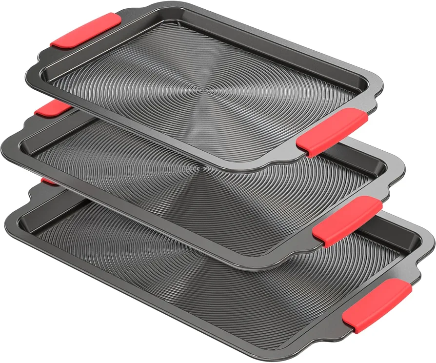 3-Piece Baking Sheet Set with Circle Grooves,Nonstick Cookie Sheets/Baking Trays for Baking & Roasting,Heavy Duty Bakeware with Half/Quarter/Jelly Roll Pans,PFAS/PTFE Free,Gray with Red Grips