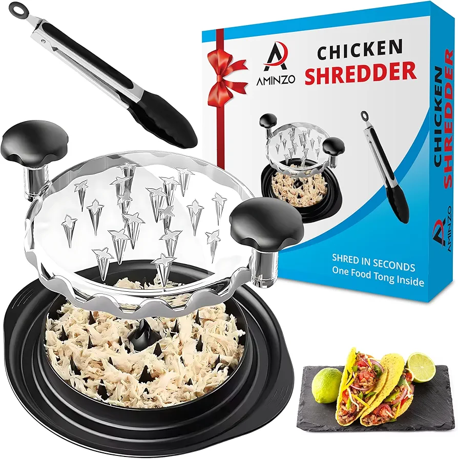 Chicken Shredder Tool Twist Large with Tong | Perfect for Shredding Chicken Breast, Beef | Ergonomic Handle, Transparent Lid, and Food Tong | Dishwasher Safe, Durable, and Easy to Clean