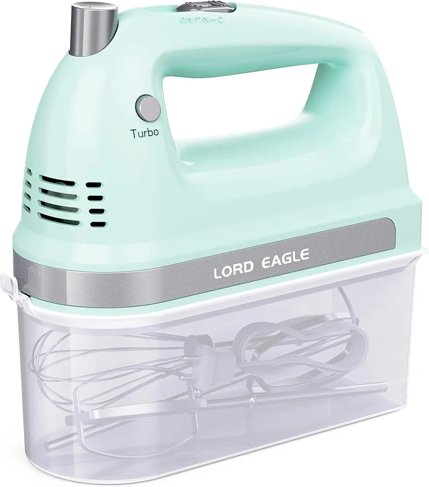 Lord Eagle Electric Hand Mixer Mini, 300W Power Handheld Mixer Kitchen for 5-Speed Baking Cake Egg Cream Food Beaters Whisk, with Snap-On Storage Case, Green