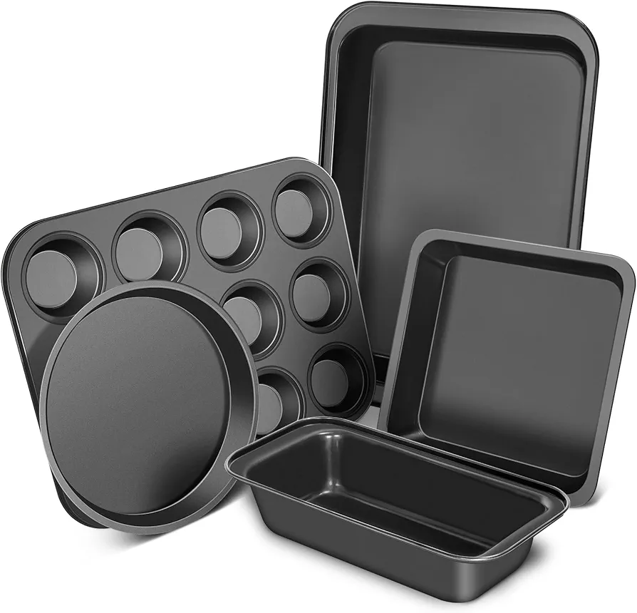 Baking Pans Set, 5-Piece Nonstick Bakeware Set with Round/Square Cake Pan, Loaf Pan, Cookie Sheet and 12 Cups Muffin Pan, Kitchen Cookware Pan Baking Sheet Set for Oven Baking Supplies