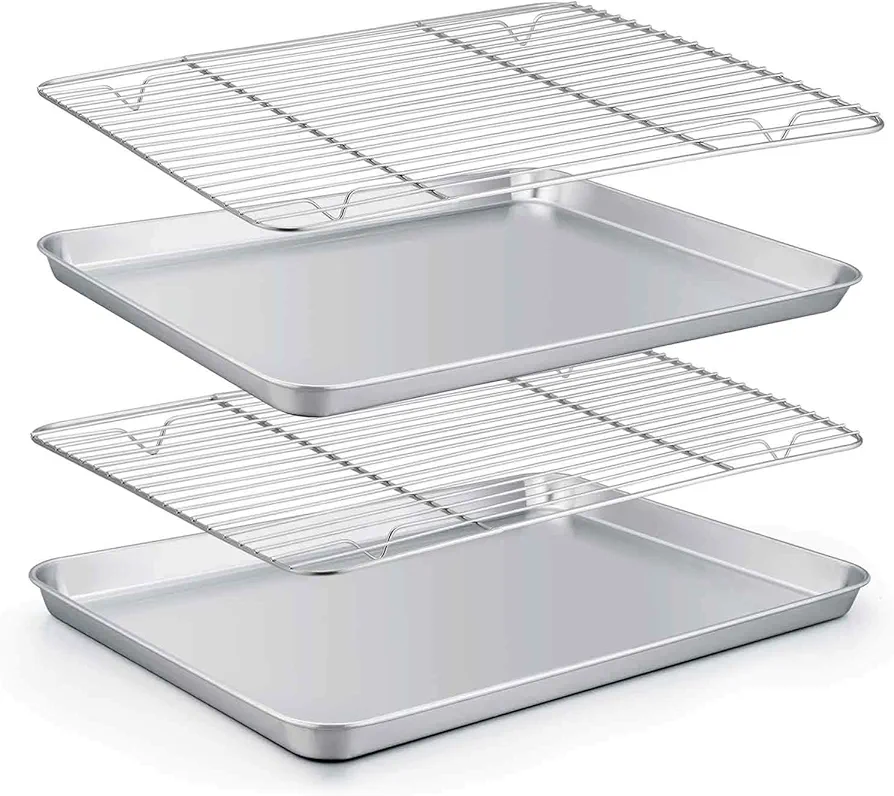 TeamFar Baking Sheet with Rack Set (2 Pans + 2 Racks), Stainless Steel Baking Pan Cookie Sheet with Cooling Rack, Non Toxic & Healthy, Easy Clean & Dishwasher Safe - 4 Pack