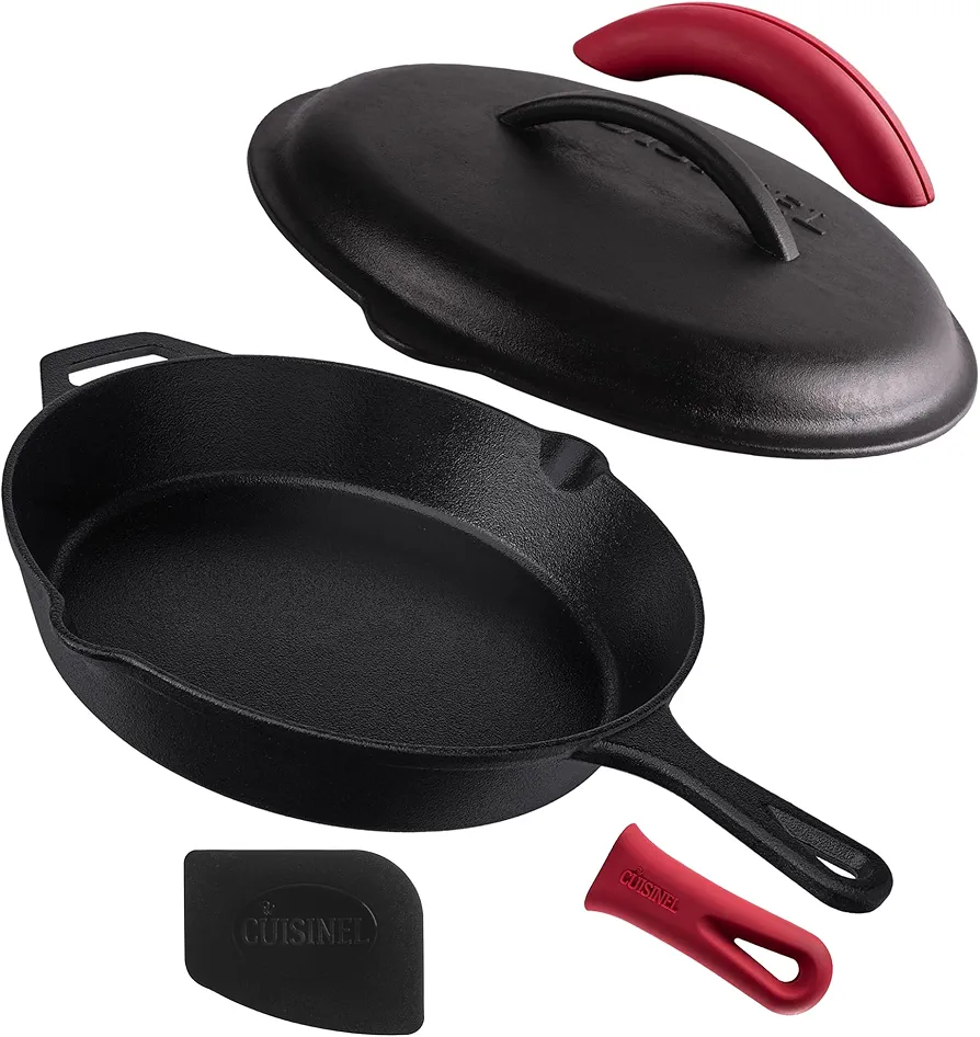 Cuisinel Cast Iron Skillet with Lid - 12"-inch Pre-Seasoned Covered Frying Pan Set + Silicone Handle & Lid Holders + Scraper/Cleaner - Indoor/Outdoor, Oven, Stovetop, Camping Fire, Grill Safe Cookware