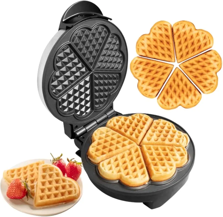 CucinaPro Heart Waffle Maker - Make 5 Heart Shaped Waffles for Special Holiday Breakfast- Nonstick Baker Easy Cleanup, Electric Waffler Griddle Iron w Adjustable Browning Control- Xmas Gift for Her