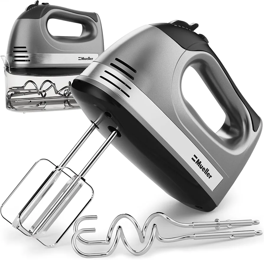 Mueller Electric Hand Mixer, 5 Speed 250W Turbo with Snap-On Storage Case and 4 Stainless Steel Accessories for Easy Whipping, Mixing Cookies, Brownies, Cakes, and Dough Batters