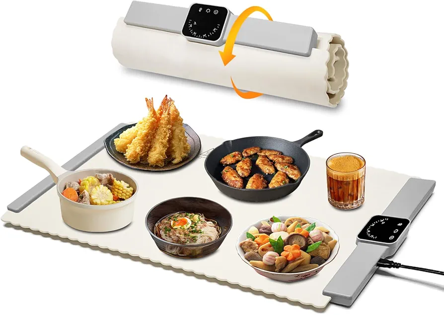 Food Warmer Mat, Electric Portable Silicone Warming Plate, Roll Up Heating Tray for Food, 5 Heat Levels, 24x15.7, (White)