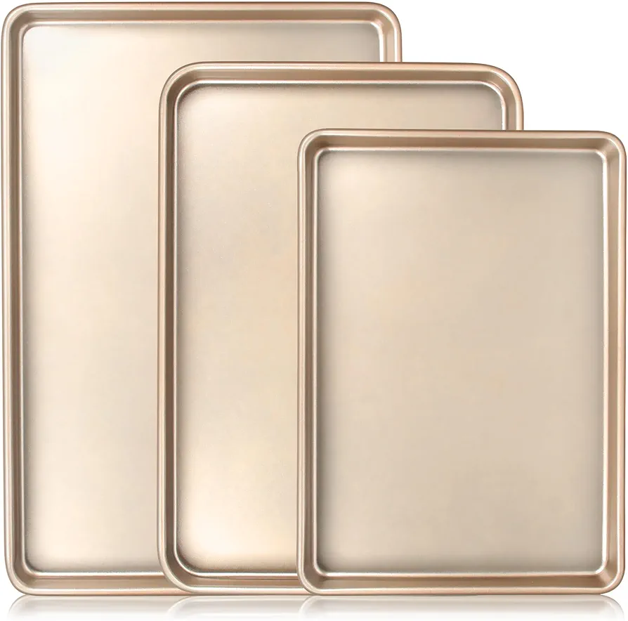 Baking Sheet Pan Set of 3, Commercial Cookie Sheets for Baking, Nonstick Half/Quarter/Jelly Roll Pans Replacement Toaster Oven Tray, Heavy Duty & Easy Clean, Champagne Gold