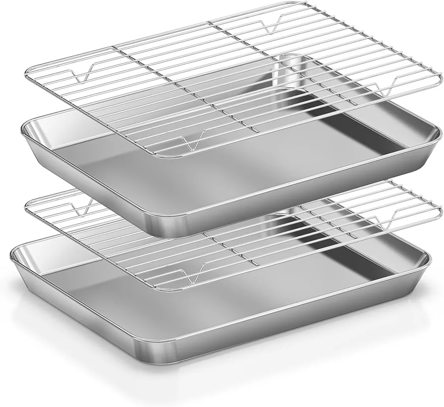 Baking Sheet with Wire Rack Set [2 Cookie Sheets + 2 Baking Racks], Fire More Stainless Steel Quarter Sheet Pan with Rack, Nonstick Baking Pan Tray, Heavy Duty & Easy Clean, Size 12.4 x 9.6 x 1 Inch