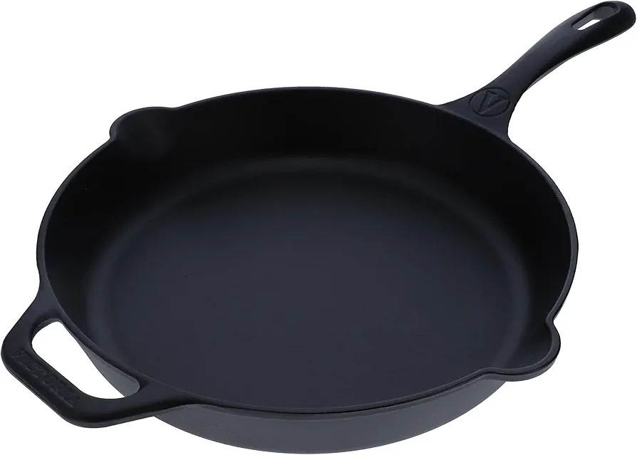 Victoria Cast Iron Skillet Large Frying Pan with Helper Handle Seasoned with 100% Kosher Certified Non-GMO Flaxseed Oil, 12 Inch, Black