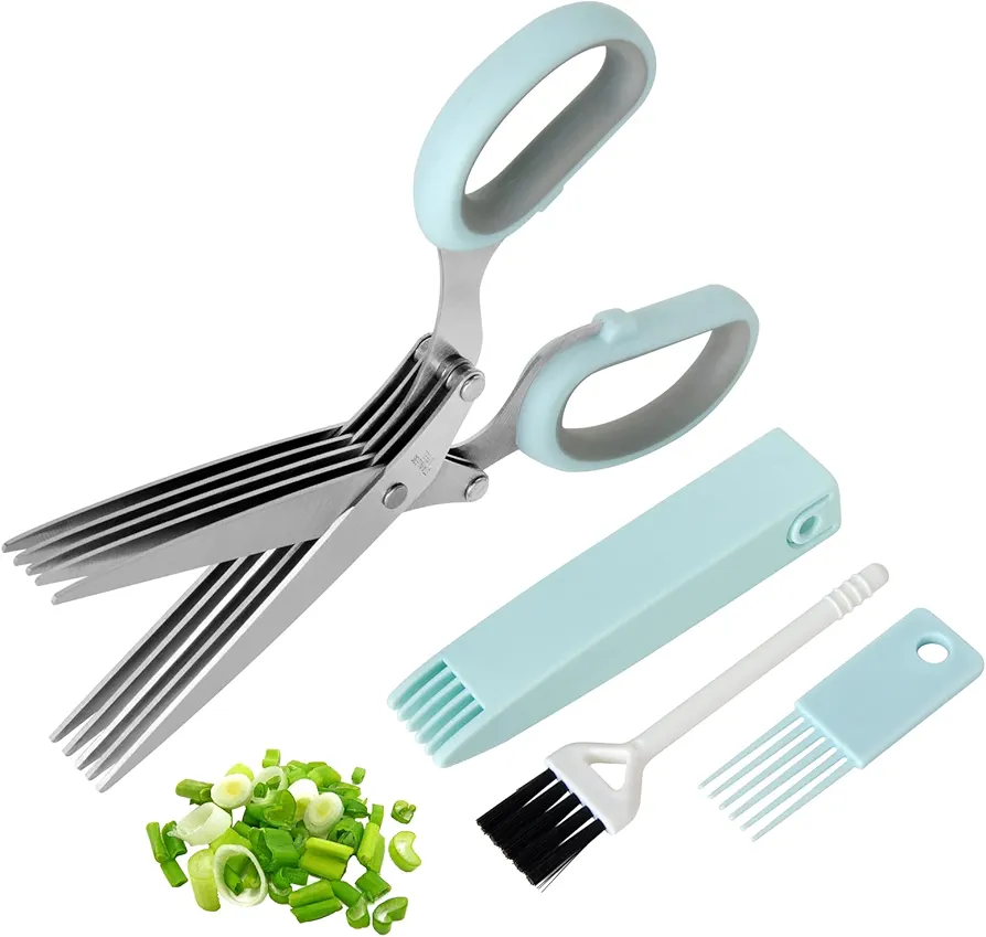 Styleonme Scissors Herb, Sharp Heavy Scissors for Cutting, Chopping and Cooking Fresh Garden Herbs, 5 Stainless Steel Blades and Covers, Vanilla Cutter Chopper Garden Kitchen Gadgets